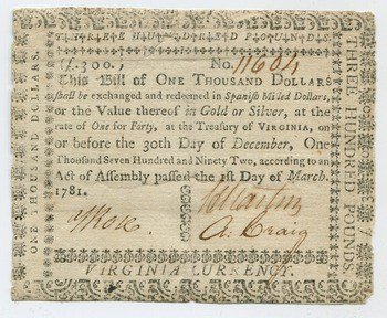  $1,000 note from 1781. Courtesy American Numismatic Society 