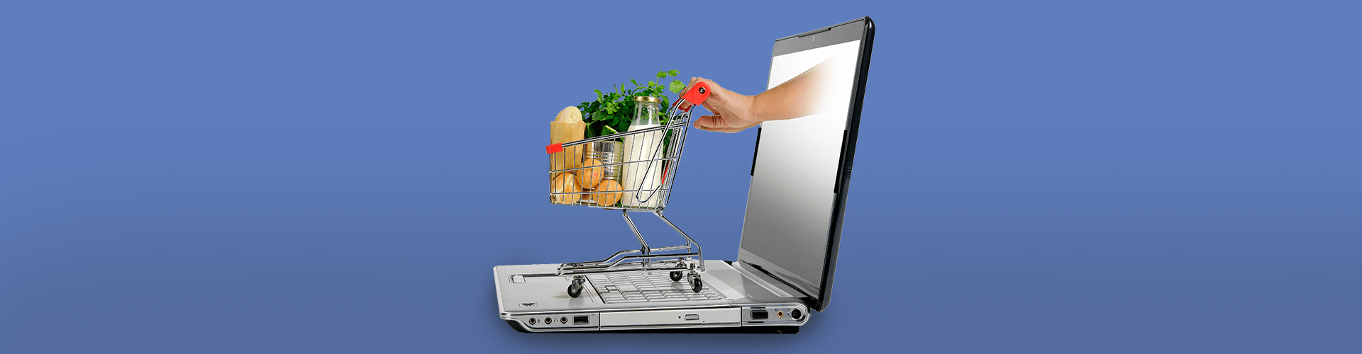 розничная торговля, ноутбук, продукты, тележка, рука