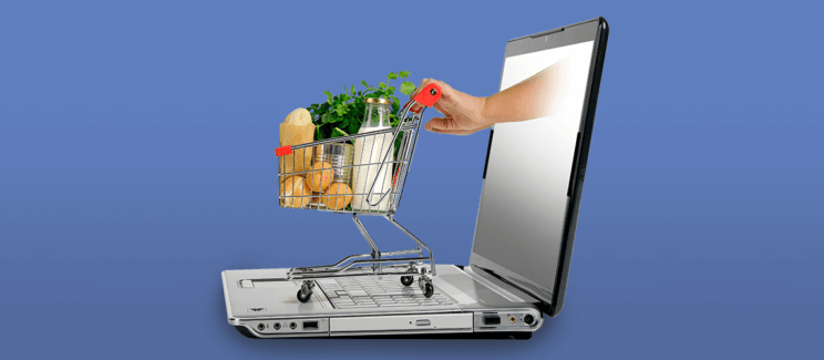 розничная торговля, ноутбук, продукты, тележка, рука