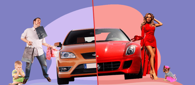 ford, ferrari, девушка, мужчина, ребенок, собачка