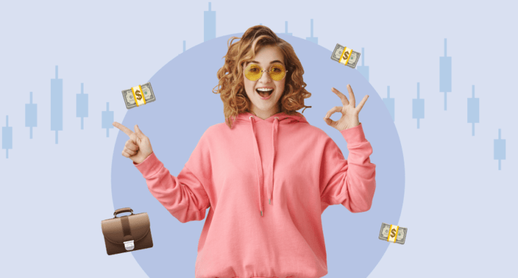 девушка деньги, портфель, котировки