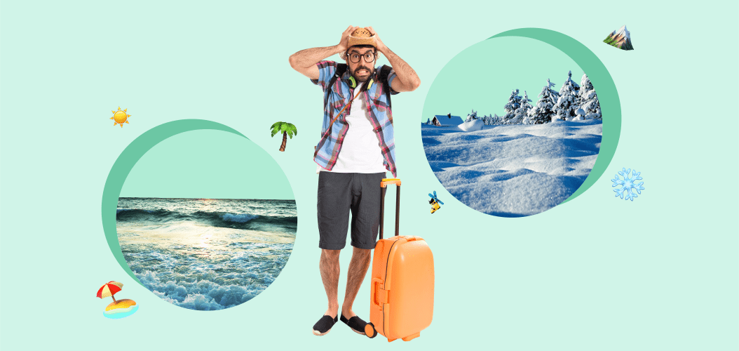 мужчина чемодан горы снег пальмы пляж