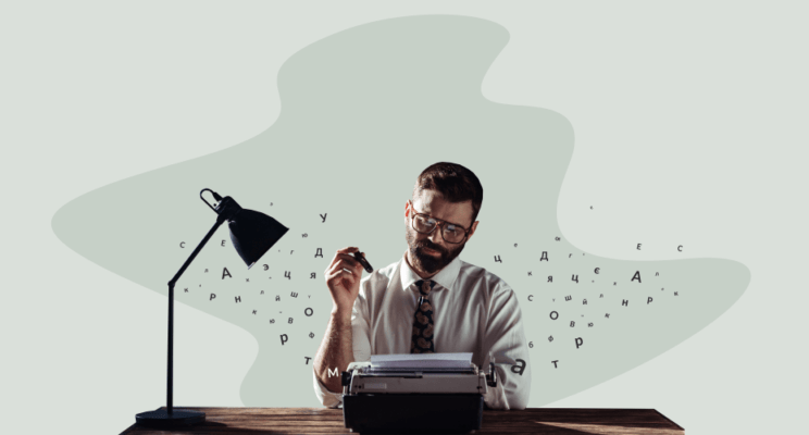 Мужчина, буквы, печатная машинка