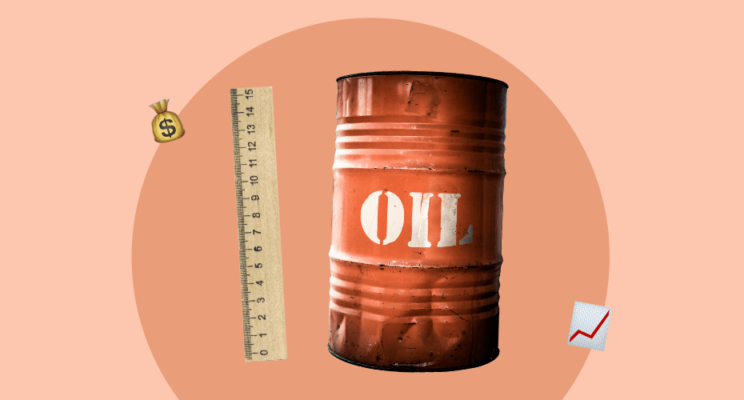 бочка нефти, линейка, деньги. рост