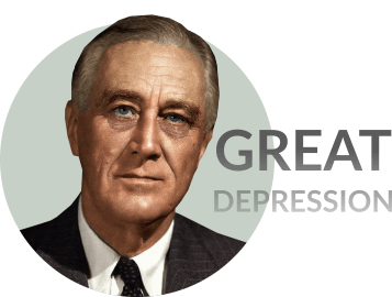 Франклин Делано Рузвельт на фоне надписи: «Great Depression»