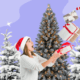 Девушка ловит подарки на фоне новогодних елок