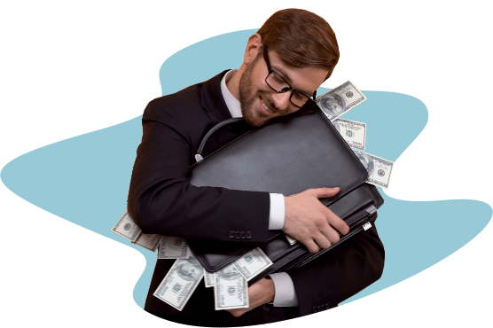 мужчина обнимает портфель с деньгами